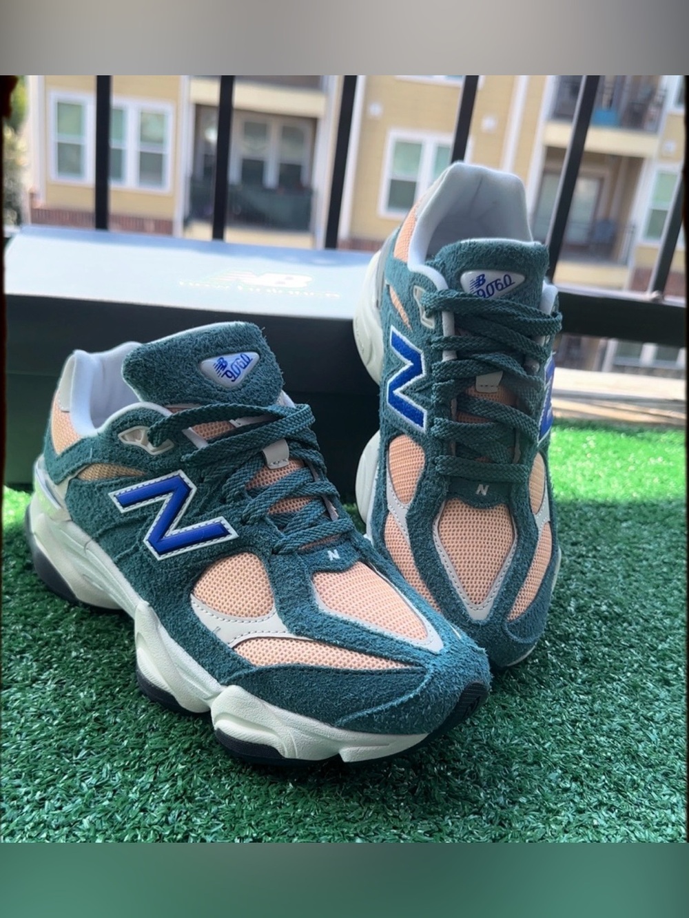 New Balance 9060 Green Teal & Peach Mesh Sneakers